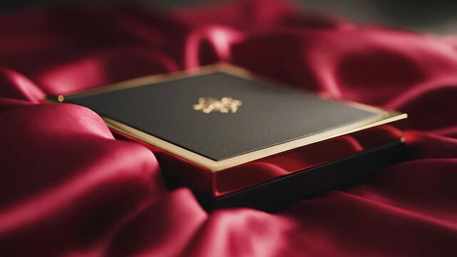 Luxurious gold and black jewelry box on red satin fabric.