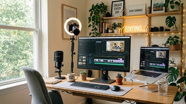 Cozy Home Office Workspace for Digital Creators, Featuring a Dual-Screen Setup with Video Editing Software, Ring Light, and Professional Audio Equipment for Content Production