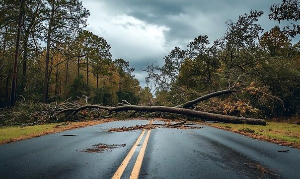Fallen tree blocking rural road after storm disaster with cloudy sky and wet asphalt.