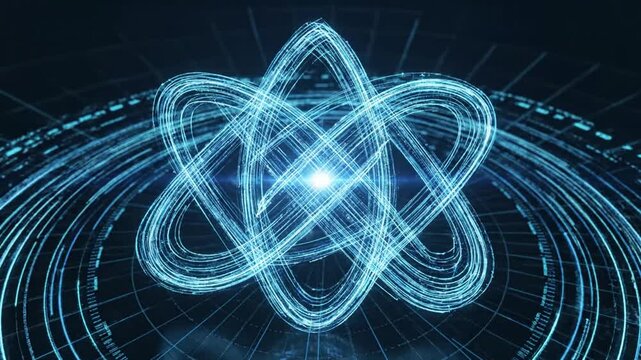 Glowing blue atom with orbiting electrons.