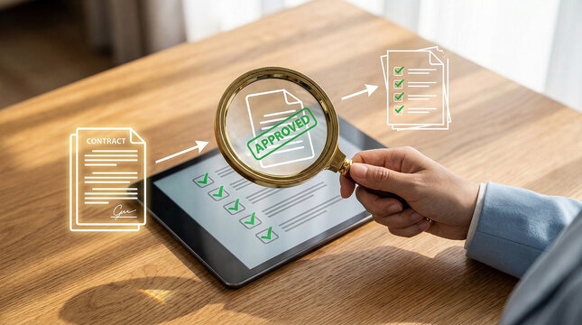 Business contract review and approval concept with magnifying glass and digital document icons, Quality control, audit and compliance concept with approved stamp on virtual contract