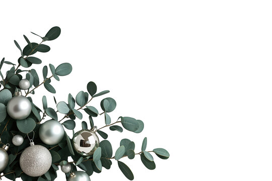 Eucalyptus branches decorating with silver christmas baubles, creating a minimal winter holiday border, transparent background