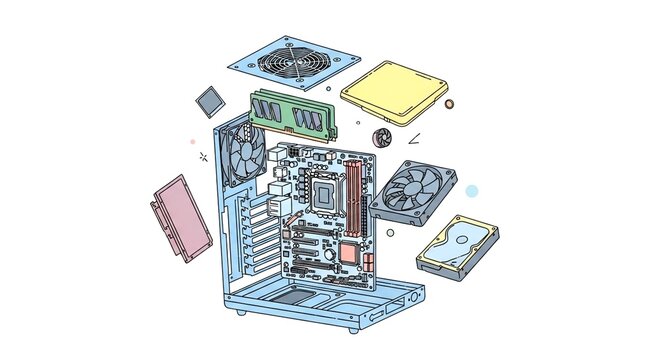 A diagrammatic representation showing how various hardware components fit inside a PC case.