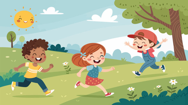 Children playing tag with joyful expressions on a sunny day in a green park with trees and flowers