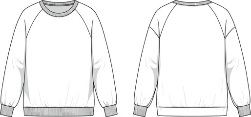 Raglan Sleeve Sweatshirt Technical Sketch Vector Template Front and Back View Blank Crewneck Pullover Fashion Flat for Apparel Design Mockup © BIPUL