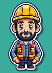 Fototapeta premium Cartoon engineer with beard wearing safety vest and hard hat