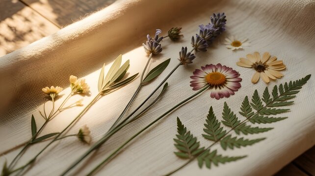 Vintage Herbarium Aesthetic Dried Wildflowers and Fern on Linen.