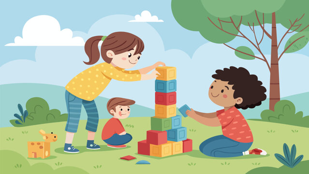Children playing outside with colorful toy blocks in a park