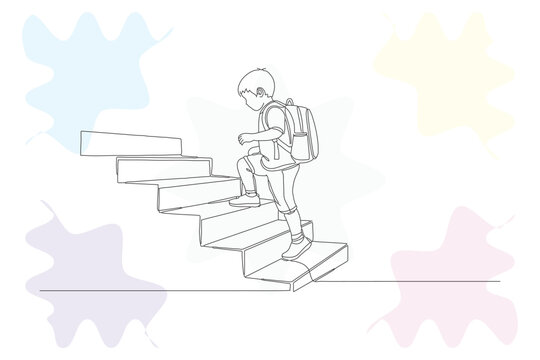 Continuous Line Drawing of a Young Boy Climbing Stairs with Backpack, Hand-Drawn Style, Illustrating Childhood, Education, and Growth