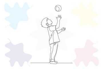 Continuous Line Drawing of a Young Boy Playing with a Ball, Hand-Drawn Style with Pastel Puzzle Pieces, Illustrating Childhood Joy and Love