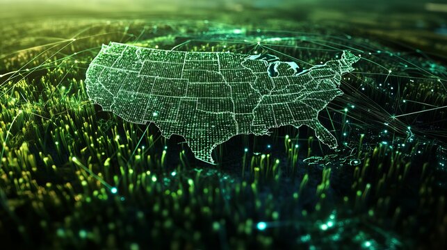A futuristic map of the United States with a green and black background and a network of glowing lines and dots
