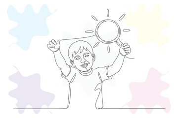 Obraz premium Continuous Line Drawing of a Young Boy with Magnifying Glass, Exploring and Discovering with Joyful Expression, Hand-Drawn Illustration