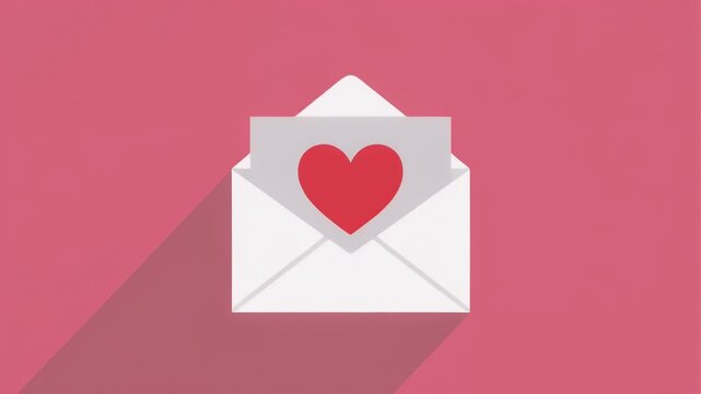 Flat design open envelope with long shadow on pink background, email communication concept