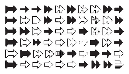 Set of black pixel arrows isolated on white background. vector collection of different shapes and directions. © Md