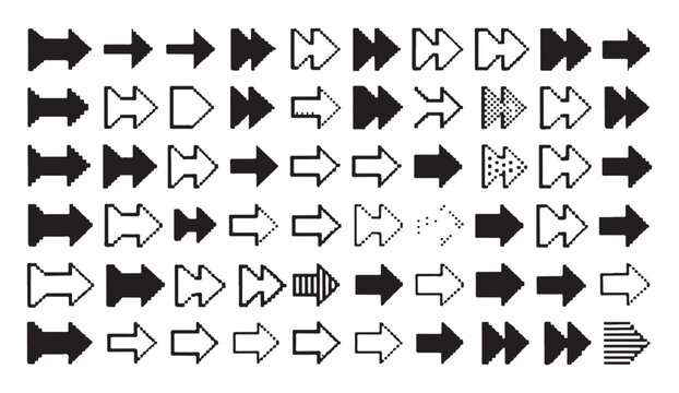 Set of black pixel arrows isolated on white background. vector collection of different shapes and directions.