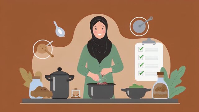 Happy Muslim Woman in Hijab Cooking Meal in Kitchen Illustration
