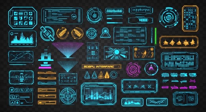 Futuristic cybernetic control interface with vibrant digital displays