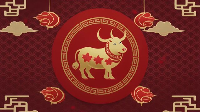 Chinese New Year of the Ox Festive Background with Traditional Lanterns and Auspicious Patterns