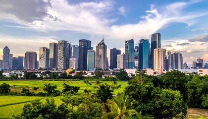 Fototapeta premium Cityscape view showing skyscrapers behind a green field and trees under a beautiful, partly cloudy sky