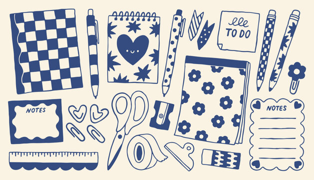 Vector collection of school stationery and office supplies. Hand drawn doodle set with notebooks and scissors in minimalist mediterranean style