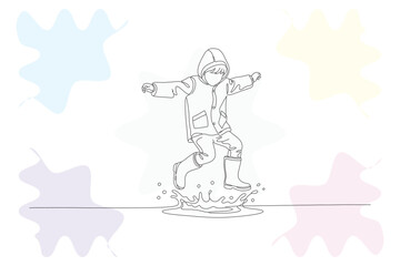 Joyful Kid Splashing in Puddle - Continuous Line Drawing of a Child in Raincoat, Hand-Drawn Illustration Expressing Love and Playfulness © SandhaRani