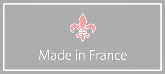 Made in France label with pink fleur de lis icon on gray rectangular background design © SAIF820