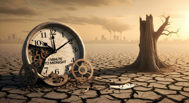 A conceptual depiction of the doomsday clock set to one minute to midnight on a dry cracked earth.