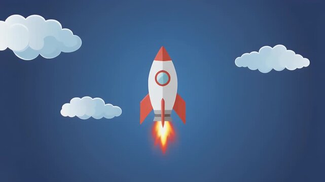 Rocket Launching into Blue Sky with Clouds - Business Startup and Innovation Concept