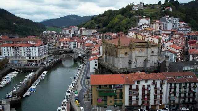 Aerial footage of Ondarroa village in the Basque Country. High quality 4k drone footage
