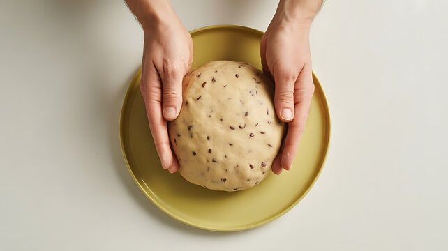 Mans hands gently hold a smooth round ball of chocolate chip cookie dough