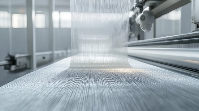 A large machine in a factory is producing a roll of fabric with a textured surface