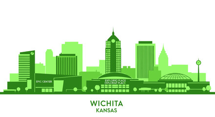 Fototapeta premium Wichita Kansas Skyline Silhouette Green Flat Design Vector Illustration