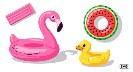 Summer Pool Floats: Flamingo, Duck, Watermelon Ring, Pink Mat © ati