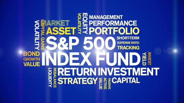 S&P 500 index fund animated word cloud-text design animation tag kinetic typography seamless loop.
