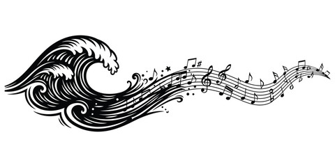 Fototapeta premium Musical notes flow with ocean wave artistic vector illustration