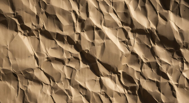 Detailed high resolution texture of a crumpled brown cardboard paper sheet featuring intricate creases and wrinkles for a vintage abstract background or recycled material surface.