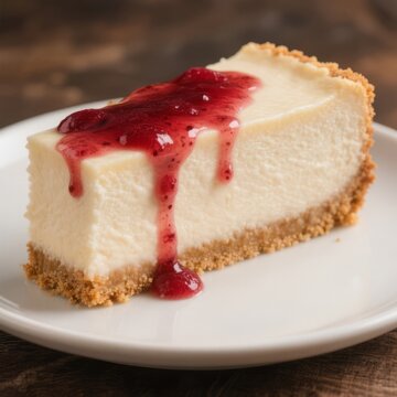 A creamy cheesecake on a graham cracker crust topped with a rasp