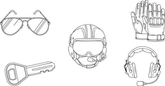 Aviator sunglasses pilot helmet gloves and key line goggles headset microphone