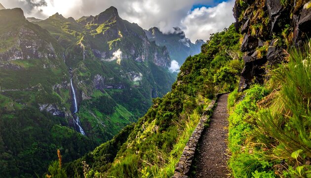 Mountain path winds through lush greenery, with waterfalls cascading down steep cliffs under partly cloudy skies