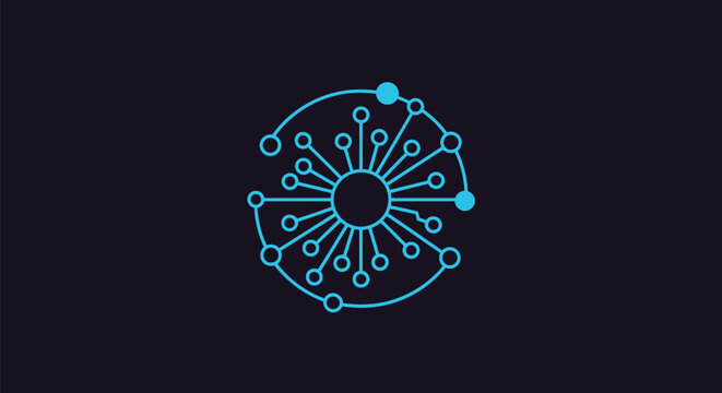 Abstract digital circuit design with interconnected nodes and lines.