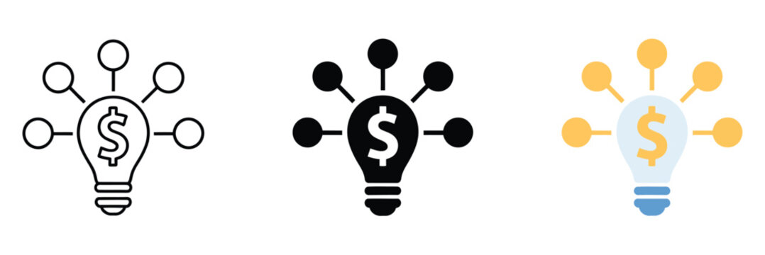 Monetizing Ideas Vector Icon, creative lightbulb icon with a central dollar sign, representing innovative ideas connected to a financial network, editable vector illustration for business and finance