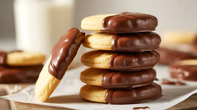 Stack of delicious chocolate dipped shortbread cookies on white parchment paper with milk