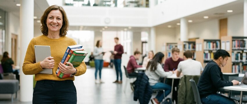 Smiling female tutor holding foreign language books and tablet in a bright library. Concept of professional linguistics education, private lessons, and modern learning success.
