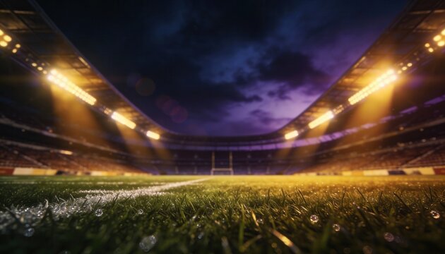 Empty sports stadium at night with bright floodlights illuminating the green grass field. Football arena ready for a grand event