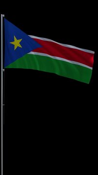 South Sudan flag waving on metal flagpole, vertical video with transparent background and alpha channel, seamless loop 3D rendering 4K