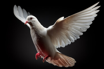 Fototapeta premium Graceful White Dove Flying With Spread Wings Against A Solid Black Studio Background