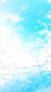 Fresh anime-style sky and water splash background with copy space,青空と水しぶきの爽やかなアニメ風背景（コピースペースあり）