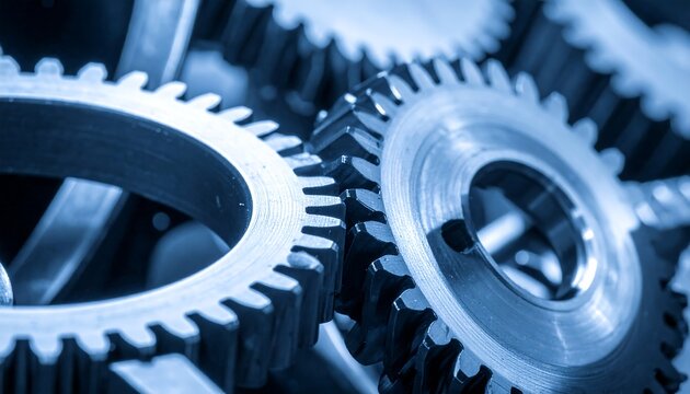 Close-up of interlocking gears, blue toned, with intricate details of teeth, creating a textured mechanical pattern