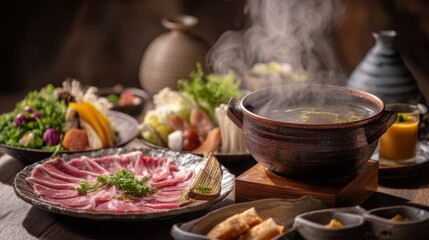 Fototapeta premium Delicious Hotpot with Fresh Ingredients and Slices of Meat