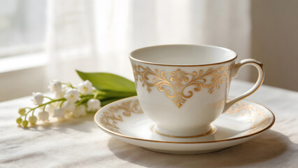 Fototapeta premium regularizing. Elegant white porcelain teacup with gold filigree patterns, soft window light highlighting delicate details. bar promotions.